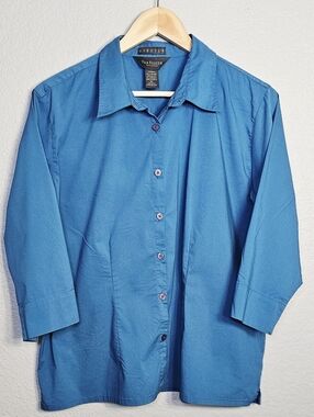 Stretch Teal Blue Button Up Blouse XL Van Heusen